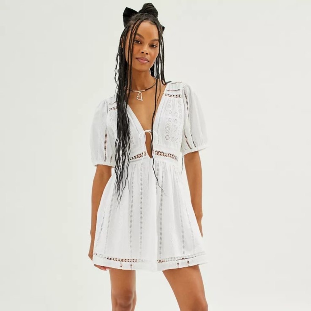 UO Marlee Puff Sleeve Eyelet Mini Dress